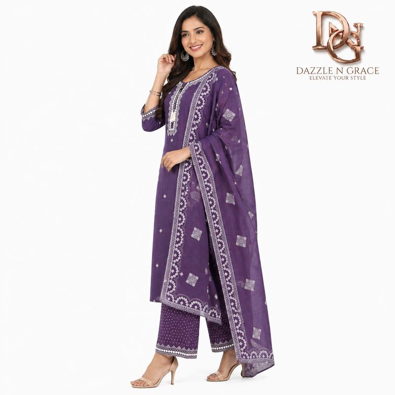 Aesha Purple Cotton Kurta Set with White Thread Embroidery &amp; Pant | Festive Ethnic Wear