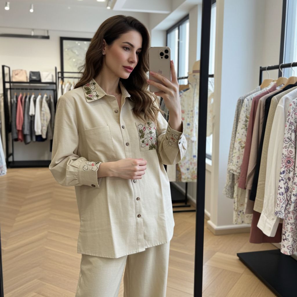 Aesha Beige Embroidered Shirt Kurti with Matching Pants | Thread Work Collar Cuff Cotton Blend | Office Casual Indo-Western, Colour: Solid Beige, Fabric: Cotton, Size: M