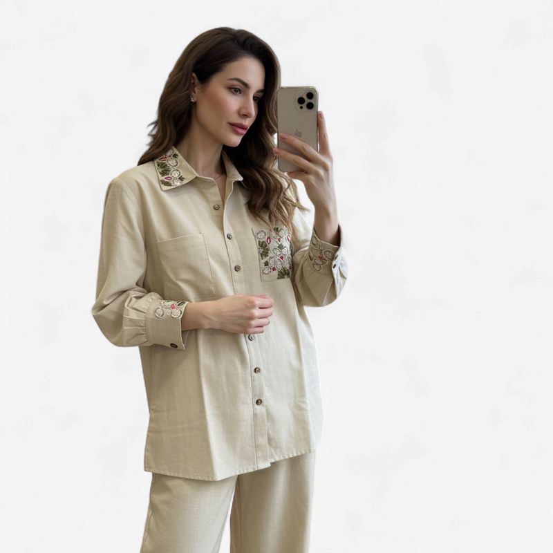 Aesha Beige Embroidered Shirt Kurti with Matching Pants | Thread Work Collar Cuff Cotton Blend | Office Casual Indo-Western