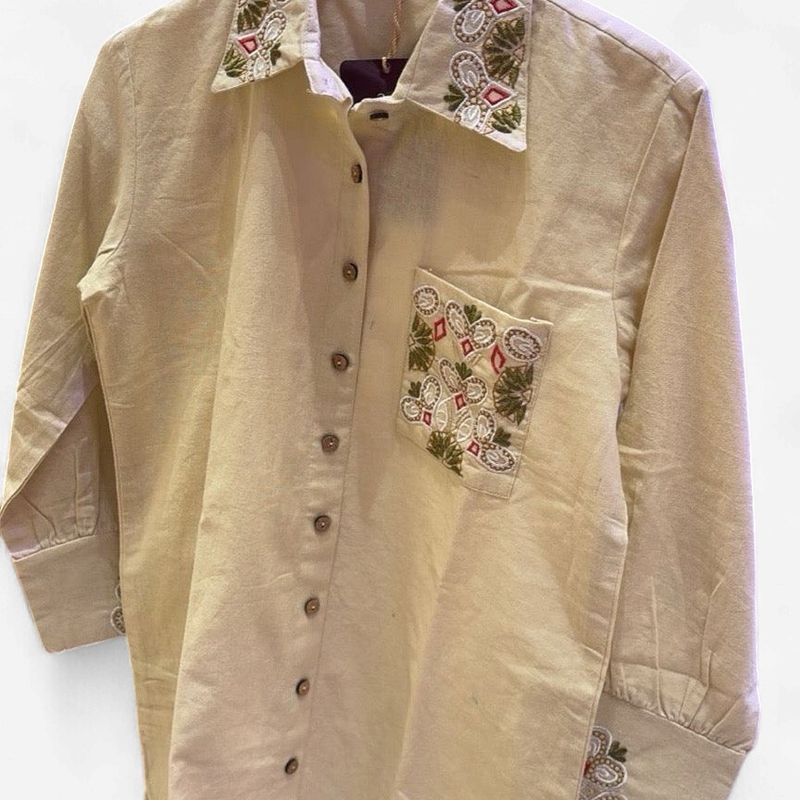 Aesha Beige Embroidered Shirt Kurti with Matching Pants | Thread Work Collar Cuff Cotton Blend | Office Casual Indo-Western