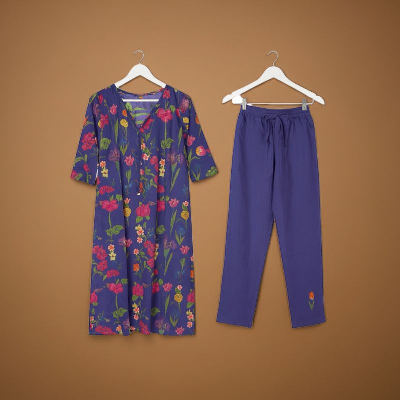 Aesha Purple Multicolor Floral Printed Kurta Set with Pant | Casual Ethnic Coord Set