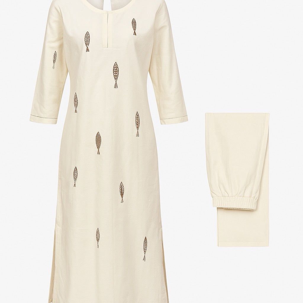 Aesha Off-White Embroidered Kurti with Pant Set | Fish Motif Yoke Embroidery Cotton Blend | Office Casual Ethnic, Colour: Off White, Fabric: Cotton, Size: XL