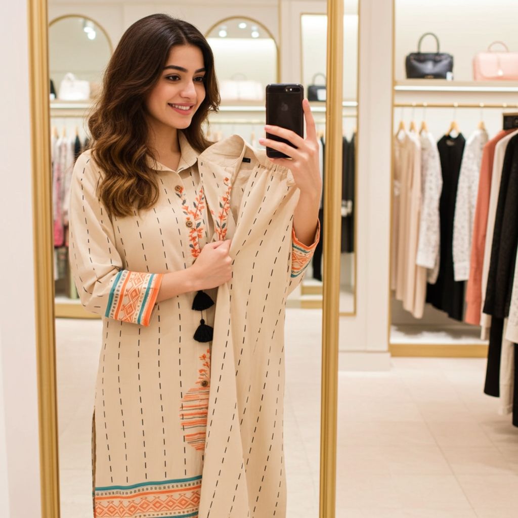 Aesha Beige Striped Printed Kurti with Pant Set | Shirt Collar Tassel Floral Border Cotton Blend | Casual Fusion Ethnic