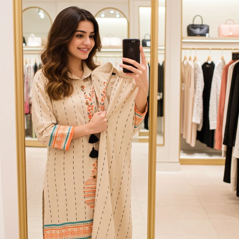 Aesha Beige Striped Printed Kurti with Pant Set | Shirt Collar Tassel Floral Border Cotton Blend | Casual Fusion Ethnic