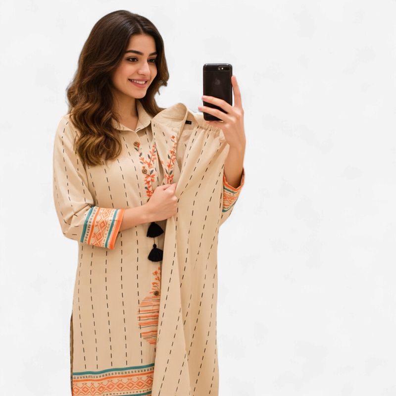 Aesha Beige Striped Printed Kurti with Pant Set | Shirt Collar Tassel Floral Border Cotton Blend | Casual Fusion Ethnic