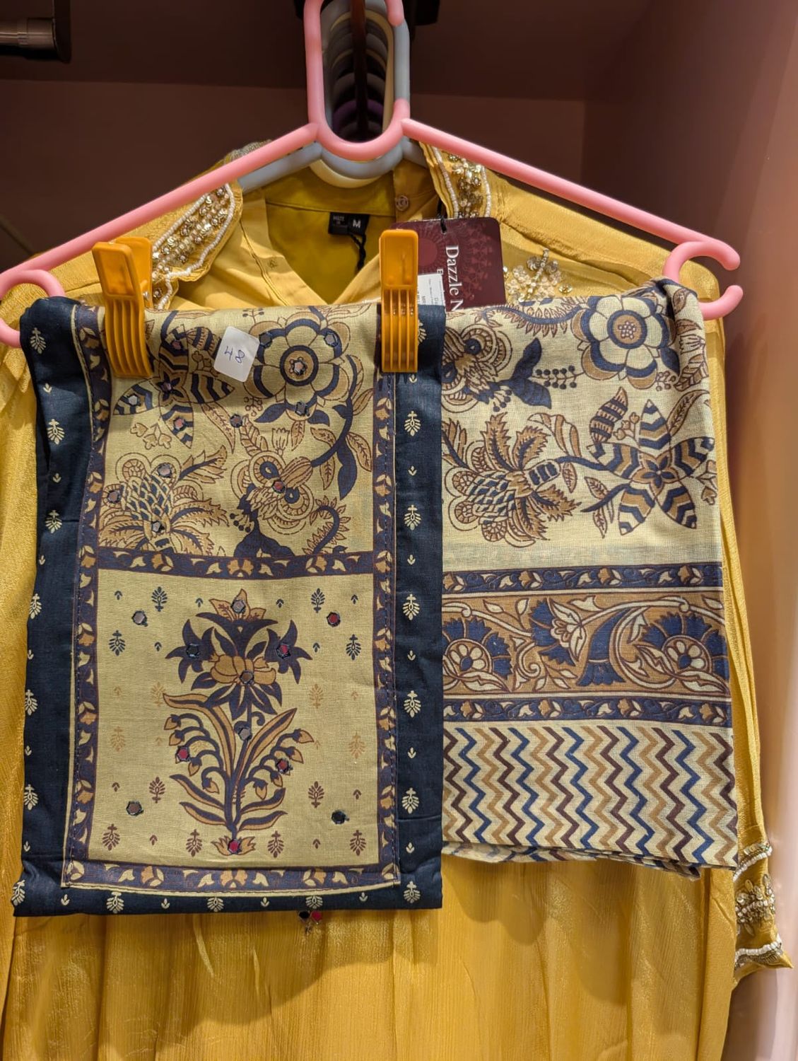 Beige &amp; Navy Blue Handblock Print Cotton Dress Material | Floral Paisley Mirror | 3-Piece Unstitched Suit, Material: Imitation, Style: Ring