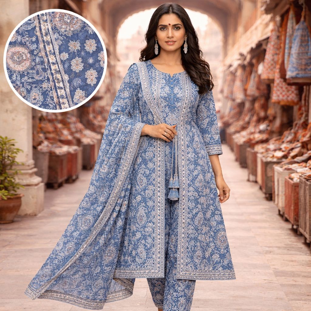 Blue Paisley Print Salwar Suit with Tassel Tie &amp; Dupatta | Festive Ethnic Wear for Women