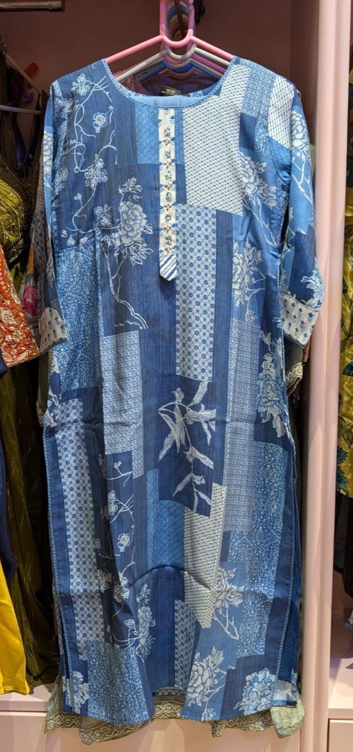Blue Patchwork Floral Printed Full Ladies Suit with Lace Border Hem | Casual Ethnic Wear