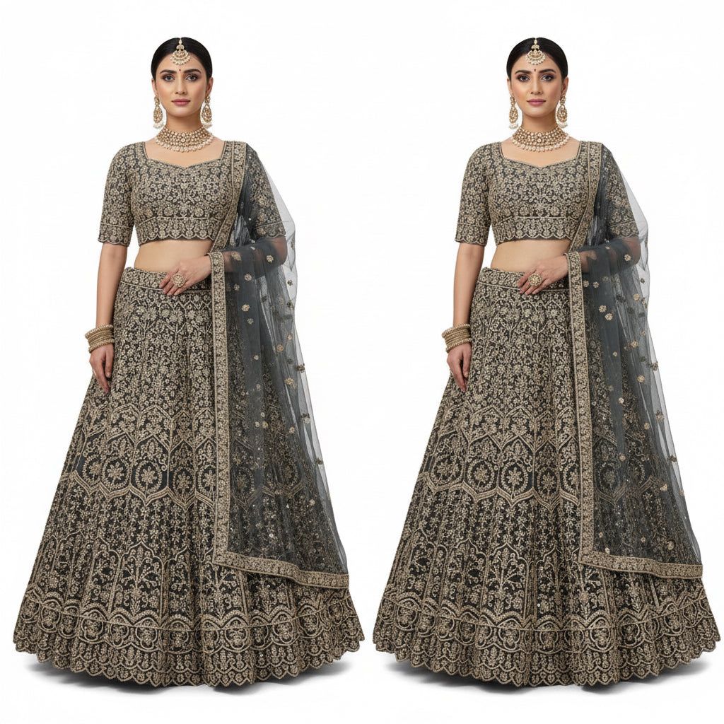 Charcoal Grey &amp; Antique Gold Zari Sequin Embroidered Ghaghara Choli Set with Net Dupatta | Wedding Wear, Material: Imitation, Style: Ring