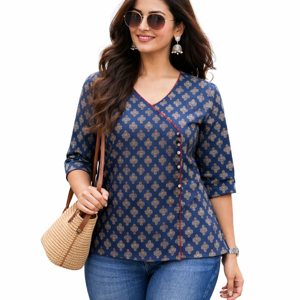 Blue Printed Short Kurti for Women, Colour: Navy Blue, Fabric: Cotton, Size: M