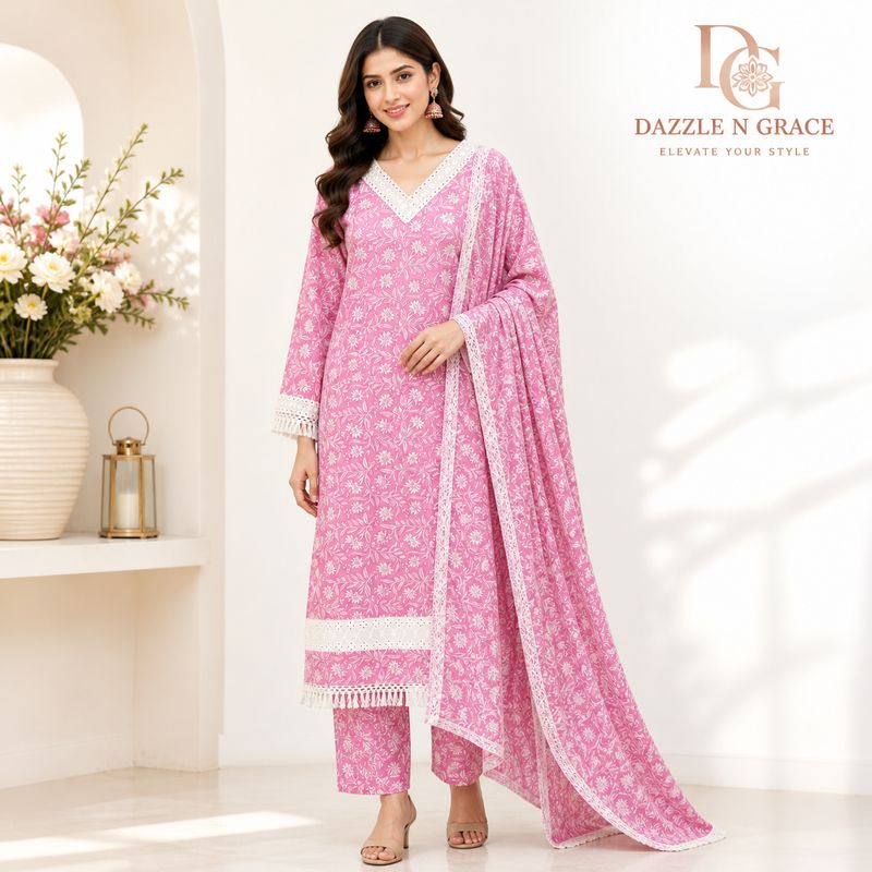 Blush Pink Floral Lace Trim Kurta with Eyelet Neckline &amp; Crochet Fringe | Casual Ethnic Wear