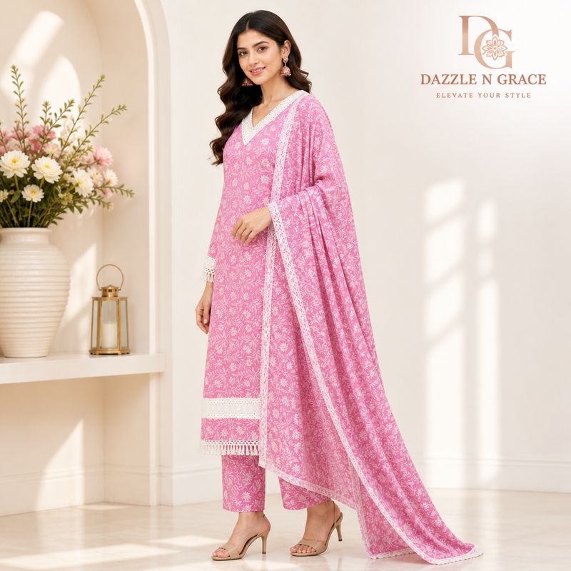 Blush Pink Floral Lace Trim Kurta with Eyelet Neckline &amp; Crochet Fringe | Casual Ethnic Wear