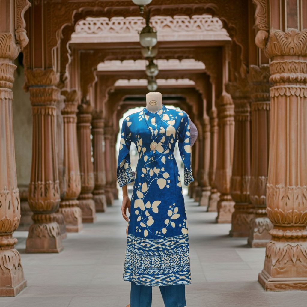 Blue Floral &amp; Geometric Printed Kurti with Solid Pants | Indigo Cotton Blend Coord Set, Colour: Blue, Fabric: Cotton, Size: L