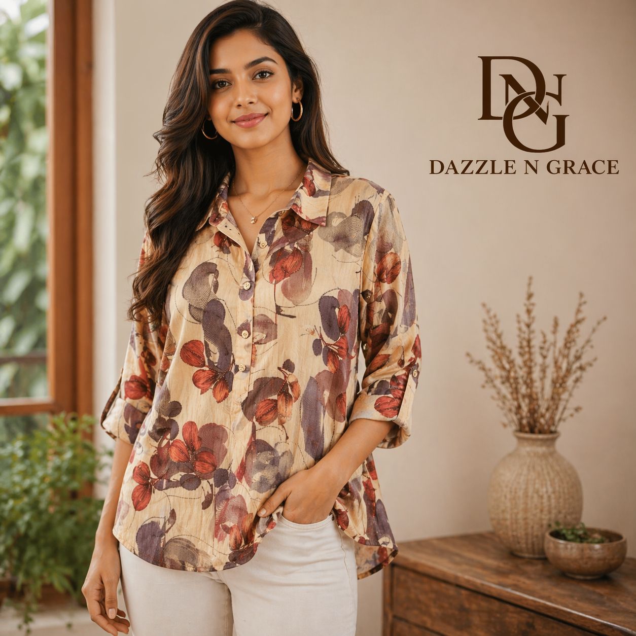 Collared Printed Rayon Top — Floral &amp; Geometric Prints with Button Placket