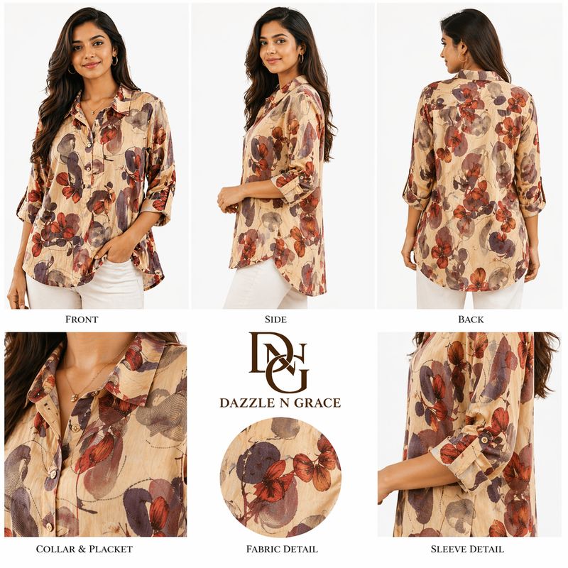 Collared Printed Rayon Top — Floral &amp; Geometric Prints with Button Placket