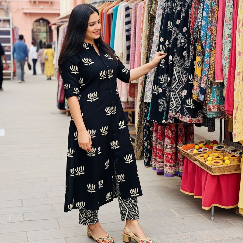 Block Printed Coord Set | Shirt Style Kurta with Matching Pants | Lotus Ethnic Print Cotton |