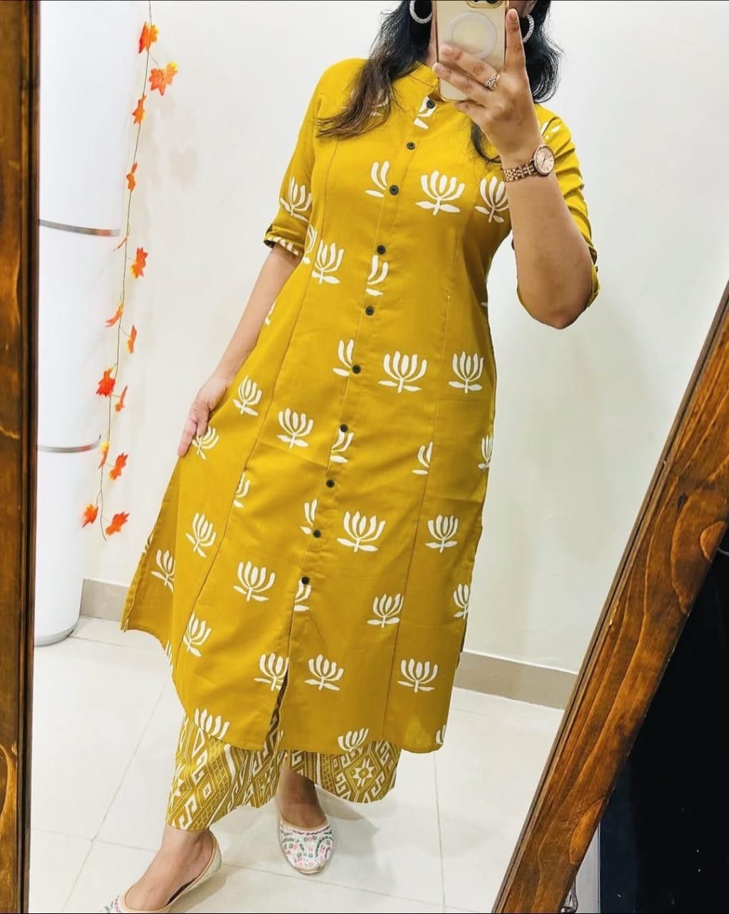 Block Printed Coord Set | Shirt Style Kurta with Matching Pants | Lotus Ethnic Print Cotton |, Colour: Mustard Yellow With, Fabric: Cotton, Size: L