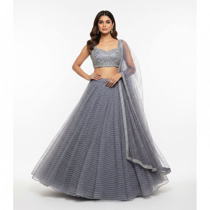 Charcoal Sparkle Couture Ghaghra Choli Set | Crystal Zari Sweetheart | Sangeet Cocktail