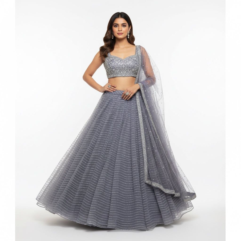 Charcoal Sparkle Couture Ghaghra Choli Set | Crystal Zari Sweetheart | Sangeet Cocktail, Material: Metal, Style: Ring