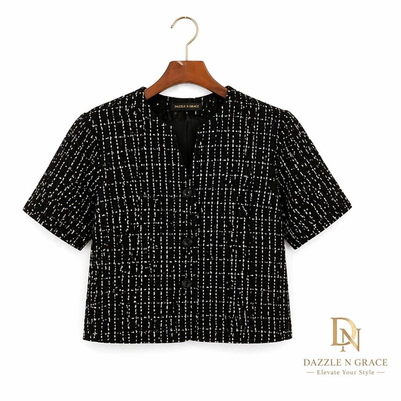 Checked Pattern Button Top — Classic Black &amp; White Smart-Casual Wear
