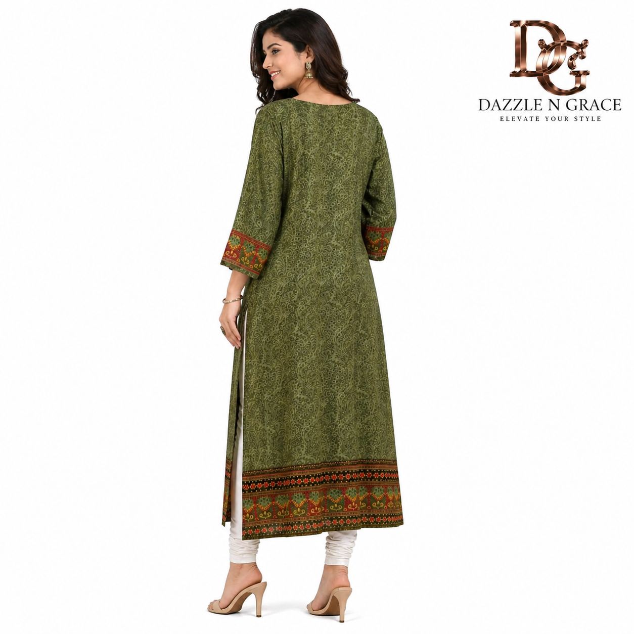 Elegant Olive Green Printed Kurti with Embroidered Yoke, Colour: Green, Fabric: Other, Size: M