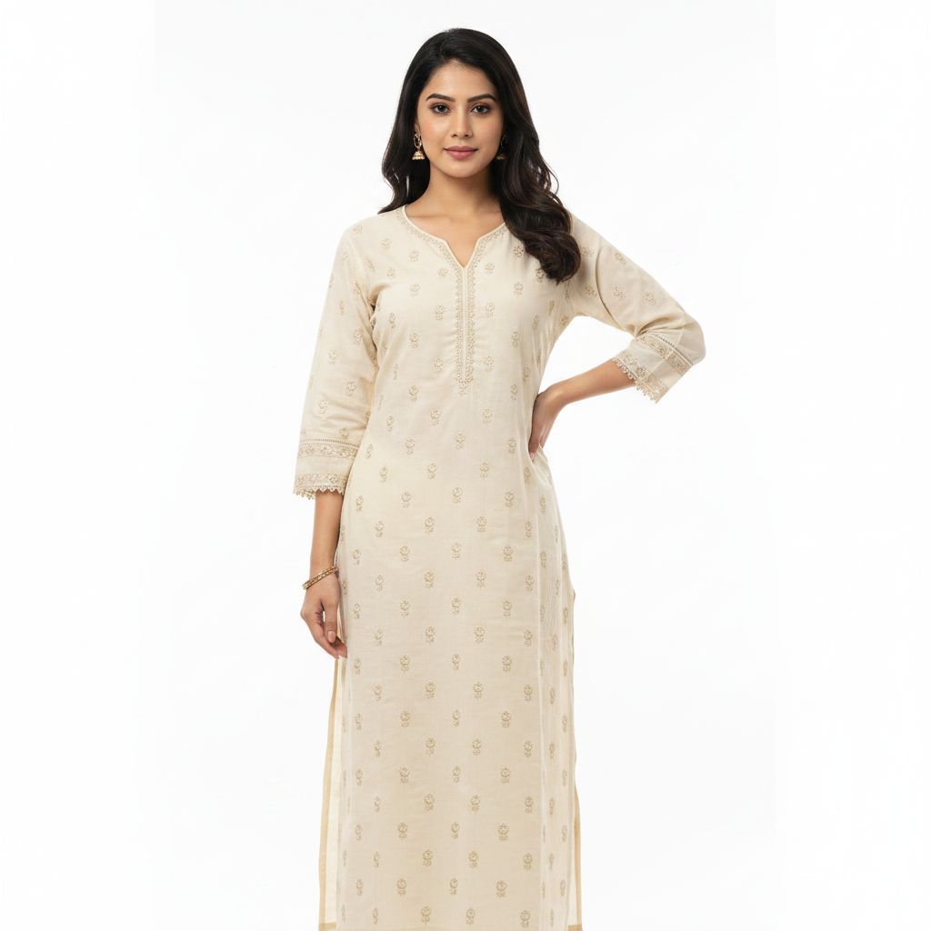 Elegant Beige Embroidered Long Kurti for Women, Colour: Beige, Fabric: Cotton, Size: M