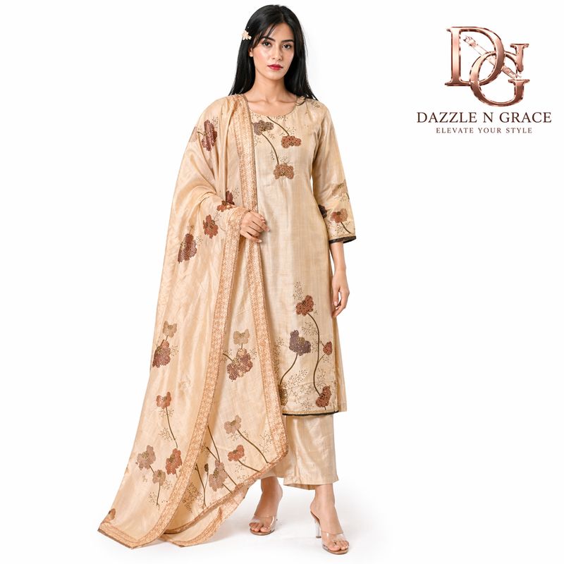 Cream Embroidered Kurta with Beadwork, Thread Work, Pant &amp; Dupatta Set | Semi-Formal Ethnic Wear