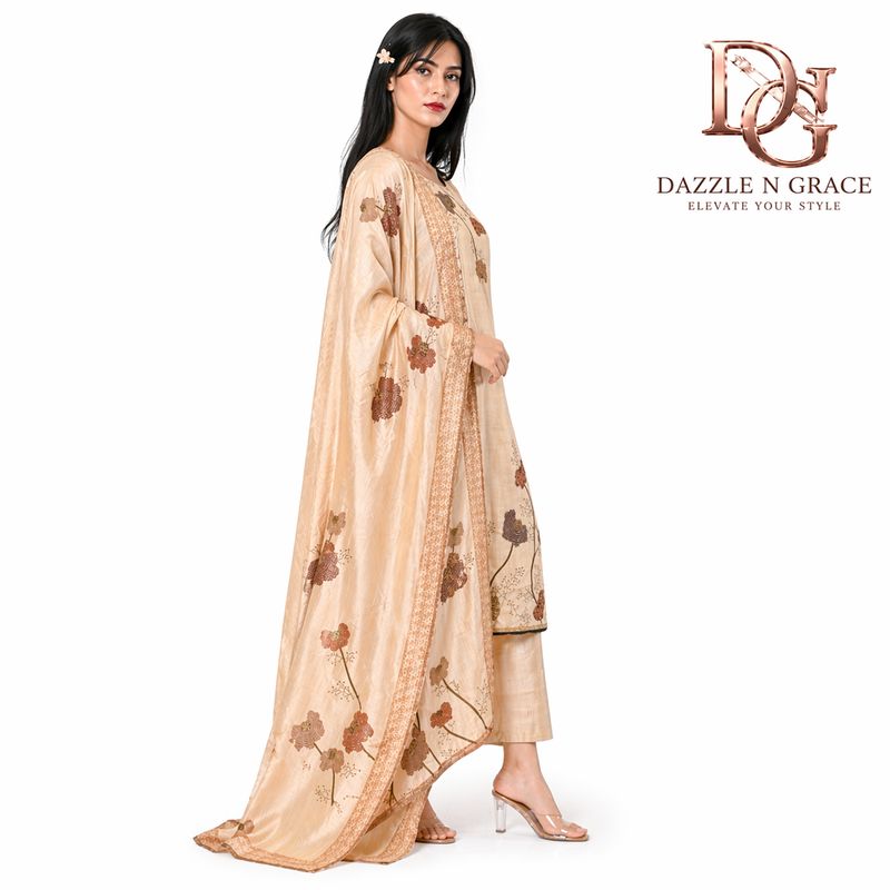 Cream Embroidered Kurta with Beadwork, Thread Work, Pant &amp; Dupatta Set | Semi-Formal Ethnic Wear