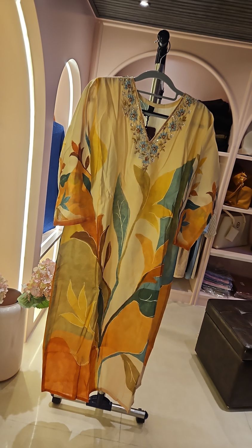 Cream Floral Printed 3-Piece Suit Set with Mirror Neckline, Pant &amp; Dupatta | Casual Festive Wear, Colour: Orange / Cream, Fabric: Other, Size: Free Size