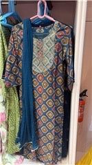 Indigo Rust Mosaic Print Kurta with Contrast Yoke &amp; Teal Dupatta | Festive Ethnic Wear for Women