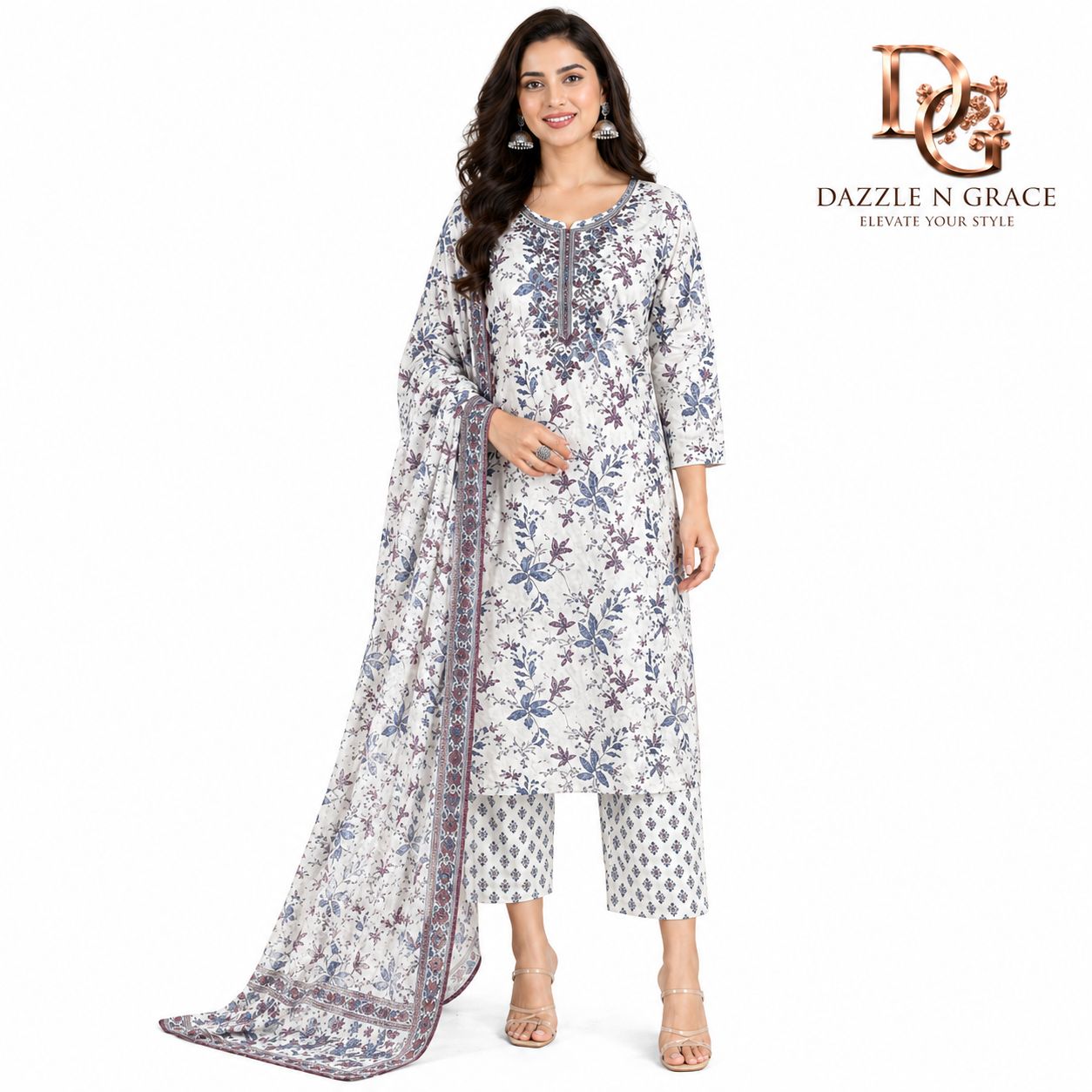 Ivory Blue Floral Embroidered Salwar Suit with Dupatta | Festive Ethnic Wear for Women, Colour: Ivory, Fabric: Cotton, Size: M