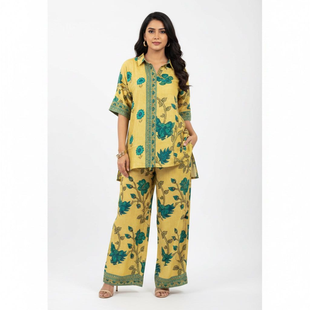 Floral Printed Yellow Teal Coord Set | Designer Shirt Collar V-Neck | Festive Casual