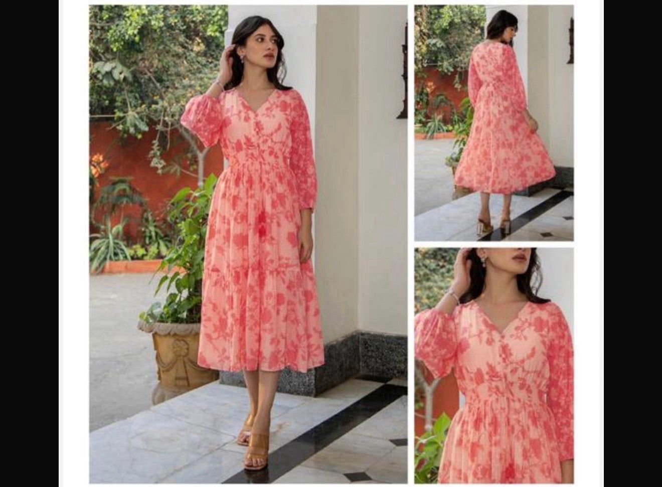 Jenesiya Coral Pink Floral Tiered Midi Dress — Georgette with Balloon Sleeves