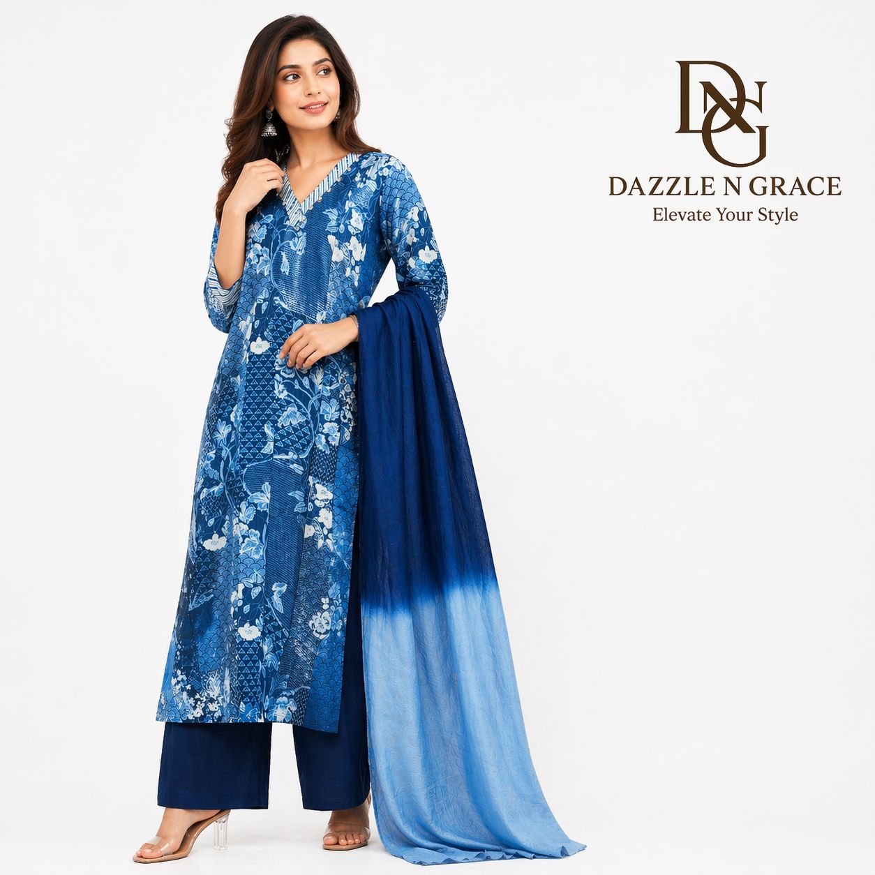 Indigo Blue Ethnic Printed Salwar Suit with Dupatta | Casual Festive Ethnic Wear for Women, Colour: Indigo Blue, Fabric: Cotton, Size: XXL