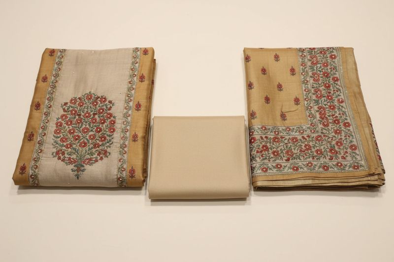 Golden Beige Silk Blend Dress Material | Floral Print Pearl Handwork | Woven Floral Dupatta | Festive Ethnic