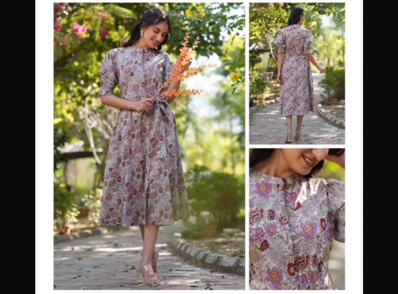 Jenesiya Lavender Floral A-Line Midi Dress — Georgette with Puff Sleeves &amp; Belt, Colour: Lavender, Fabric: Georgette, Size: XL