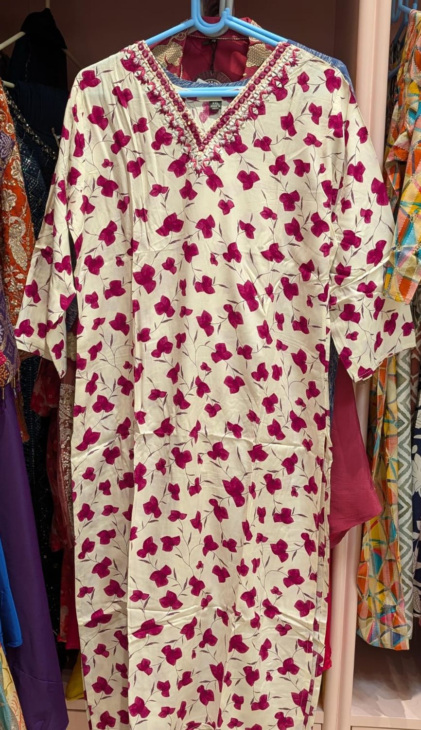 Ivory Magenta Blossom Kurta with Embellished V-Neck