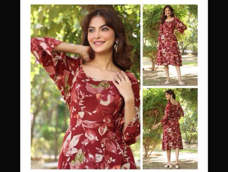 Jenesiya Maroon Floral A-Line Midi Dress — Georgette with Bell Sleeves &amp; Square Neck