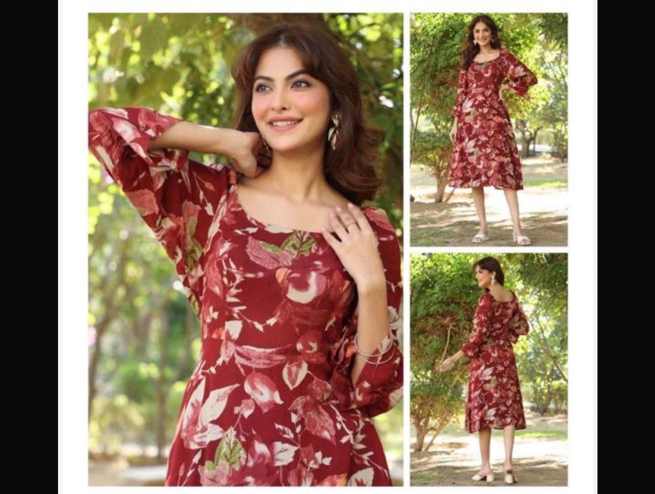 Jenesiya Maroon Floral A-Line Midi Dress — Georgette with Bell Sleeves &amp; Square Neck, Colour: Deep Maroon, Fabric: Georgette, Size: S