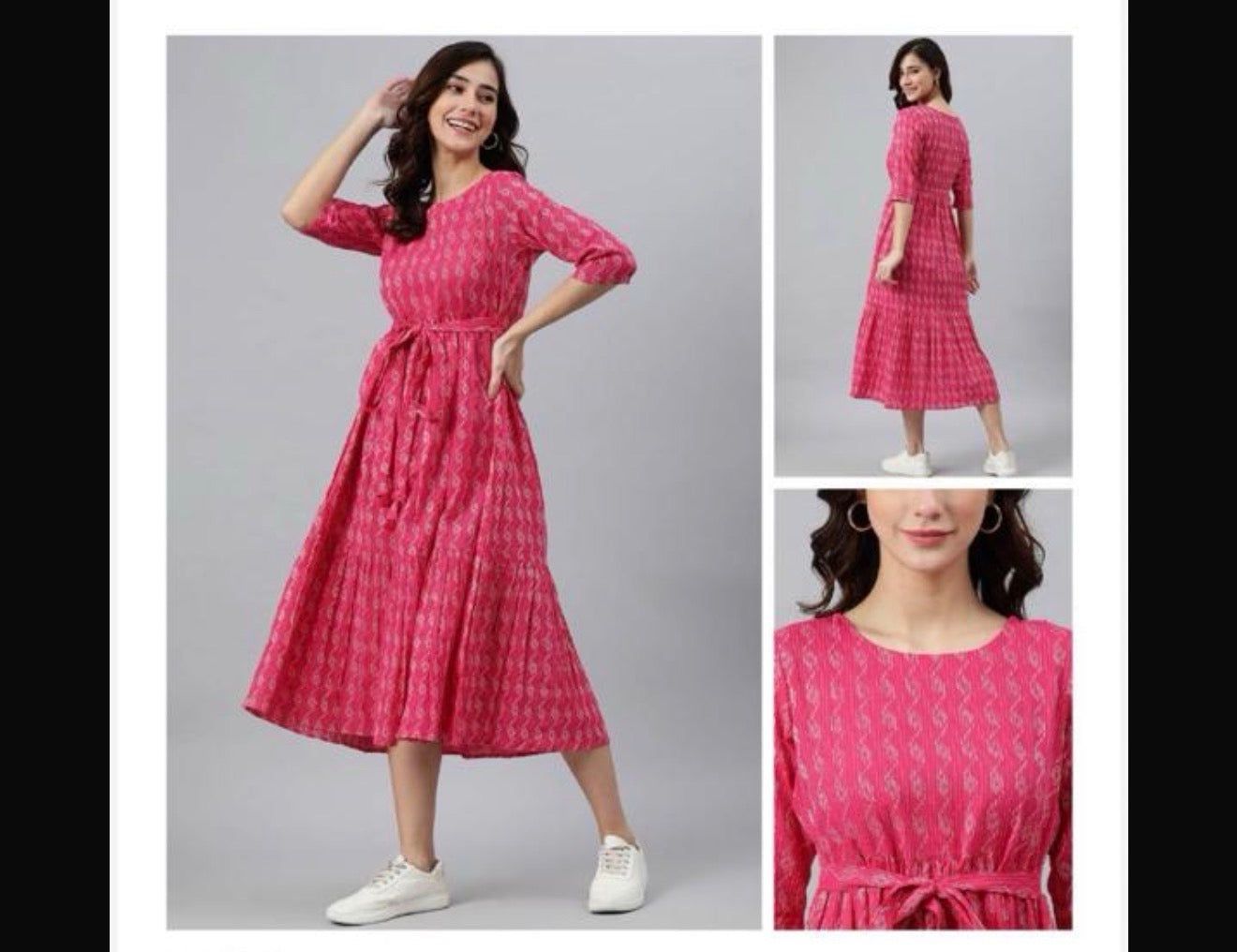 Jenesiya Fuchsia Pink Ikat Print Midi Dress — Pure Cotton with Waist Tie