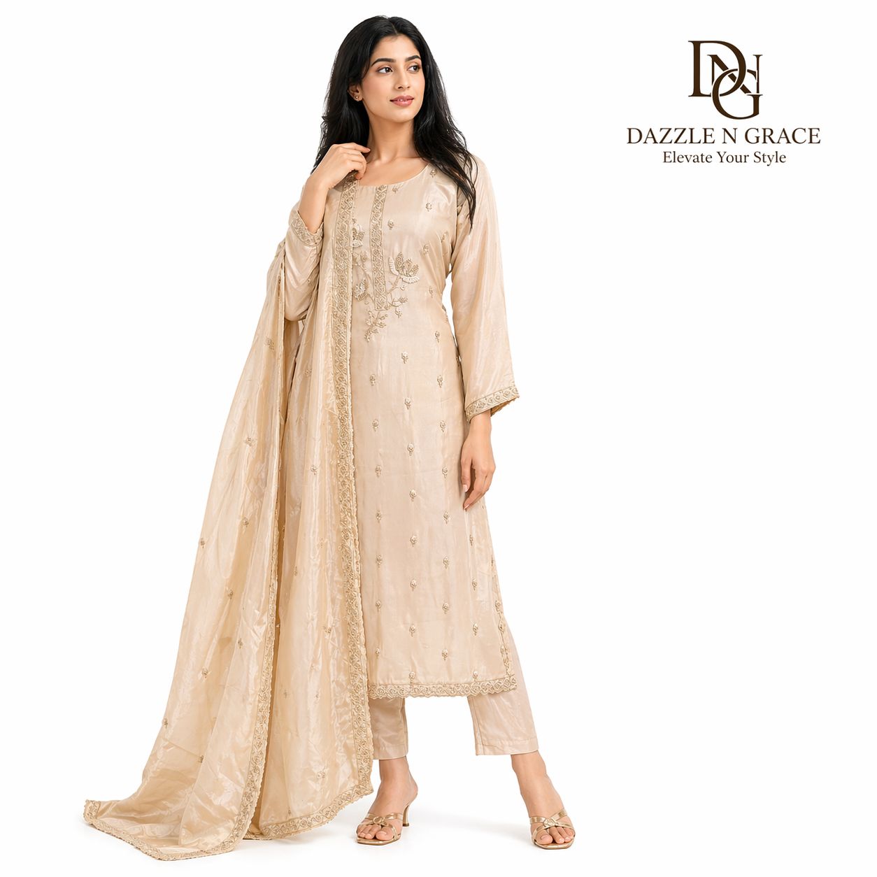 Ivory Silver Shimmer Floral Hand-Embroidered 3-Piece Suit Set | Festive Wedding Ethnic Wear, Colour: Ivory Silver, Fabric: Silk, Size: XXL