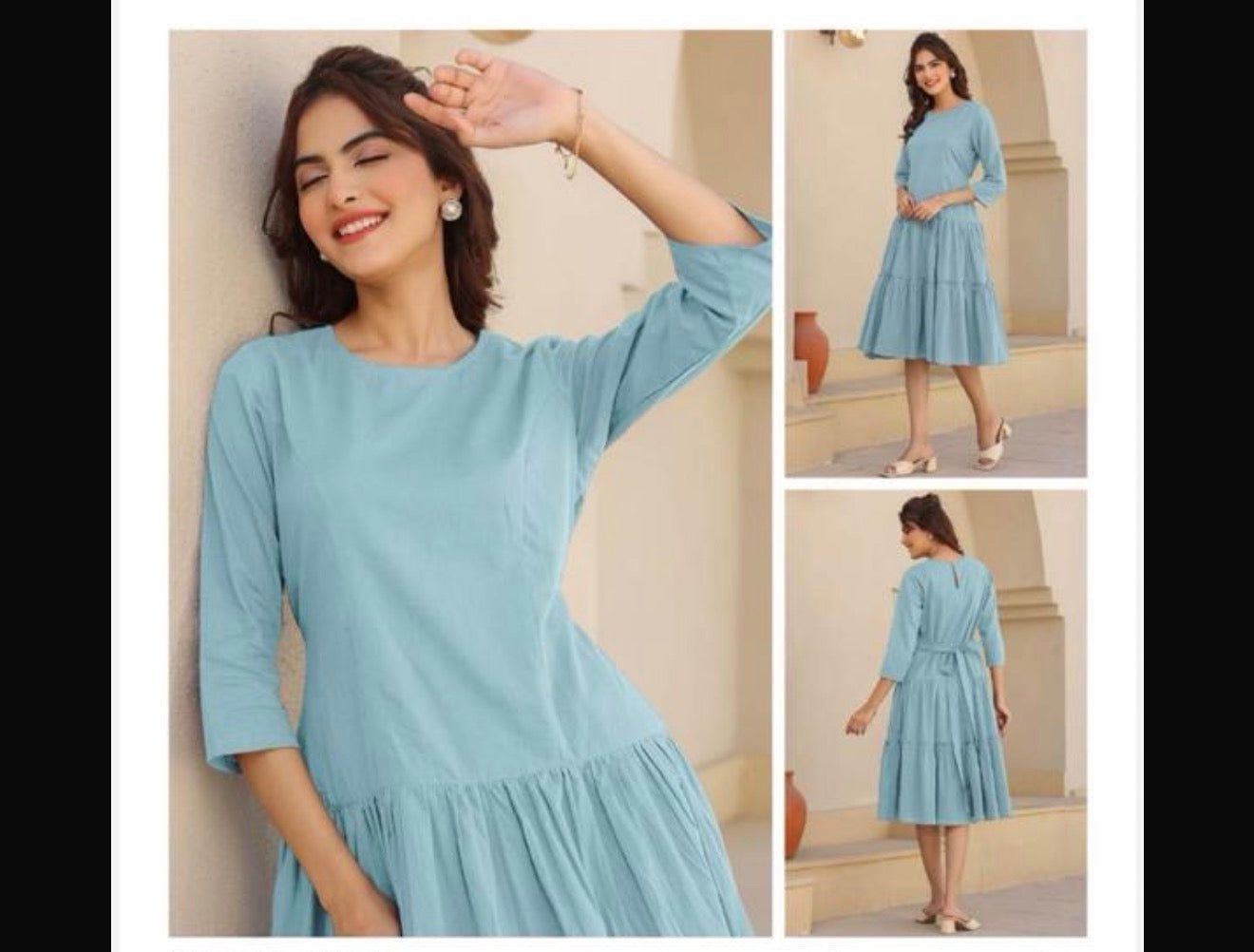 Jenesiya Solid Sky Blue Tiered Midi Dress — Cotton with Waist Tie &amp; Tiered Hem, Colour: Sky Blue, Fabric: Cotton, Size: XL