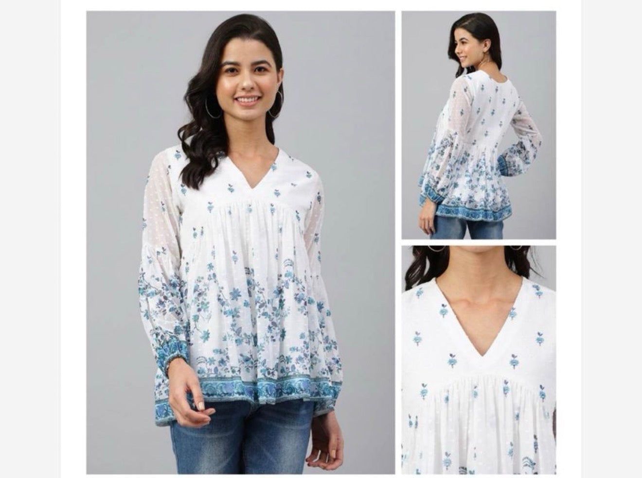 Jenesiya White &amp; Blue Floral Peasant Top — V-Neck Georgette with Full Sleeves, Colour: White Blue Floral, Fabric: Georgette, Size: L