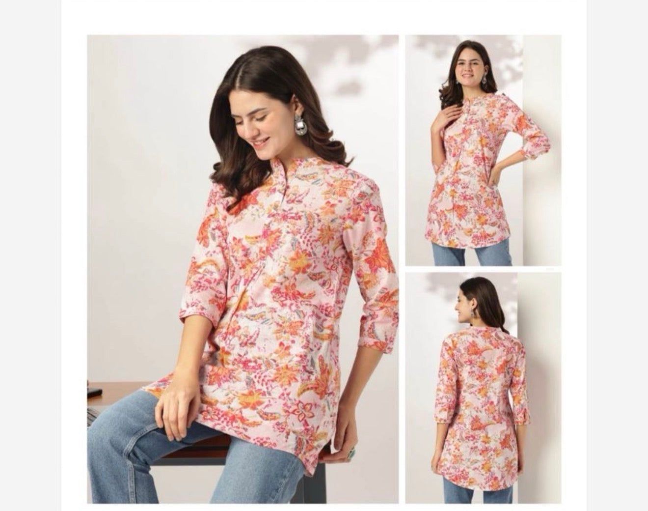Jenesiya Pink &amp; Orange Floral Cotton Tunic — Mandarin Collar with 3/4 Sleeves