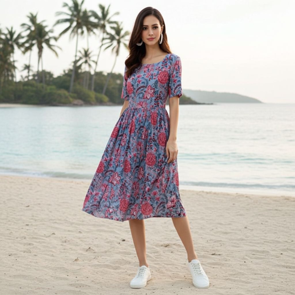 Jenesiya Blue Floral Fit &amp; Flare Midi Dress — Pure Cotton with Gathered Waist