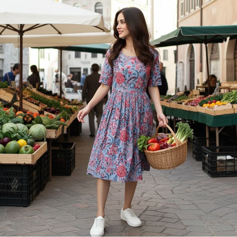 Jenesiya Blue Floral Fit &amp; Flare Midi Dress — Pure Cotton with Gathered Waist