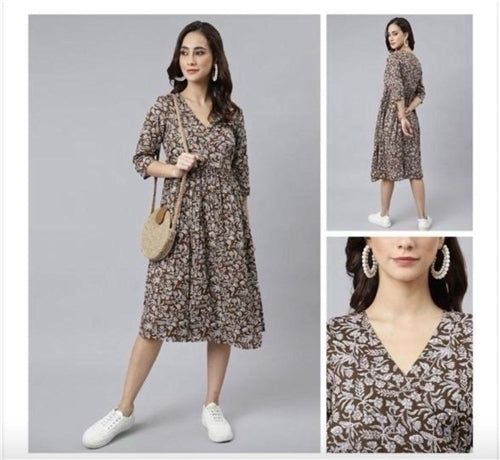 Jenesiya Brown Floral V-Neck Midi Dress — Georgette Blend with 3/4 Sleeves