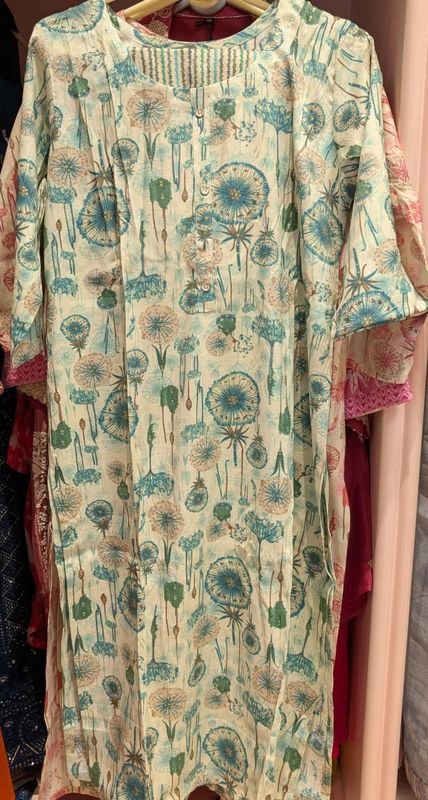 Ivory Teal Dandelion Pintuck Kurta with Pant | Seed-Head Motif Teal Sage Sand Half Button Cotton | Casual Everyday