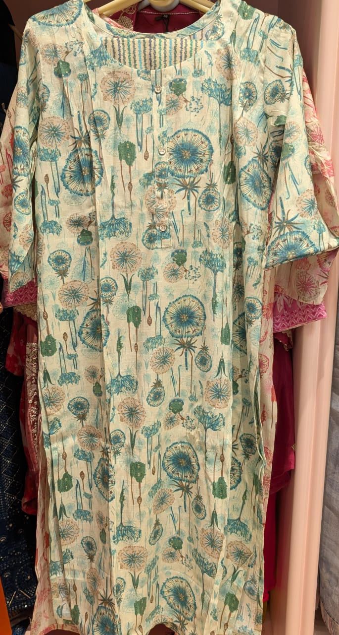 Ivory Teal Dandelion Pintuck Kurta with Pant | Seed-Head Motif Teal Sage Sand Half Button Cotton | Casual Everyday, Colour: Ivory, Fabric: Cotton, Size: XL