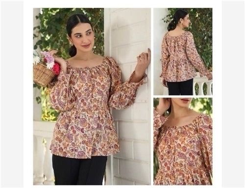 Jenesiya Beige &amp; Rust Paisley Smocked Peasant Top — Boho Rayon Blend with Balloon Sleeves